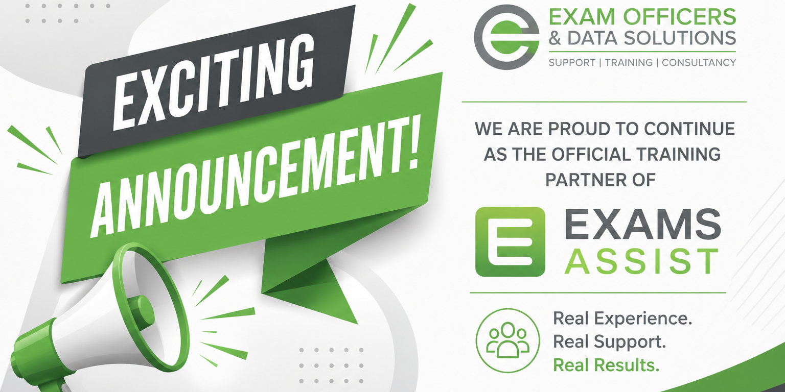 Green and white graphic with a megaphone, text reads “Exciting Announcement!” and highlights a partnership between Exam Office & Data Solutions and Exam Assist.