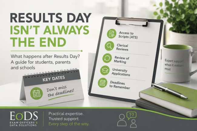 Clipboard with checklist about results day options, books, calendar, and text offering support to students and parents, emphasizing that results day is not always the end.