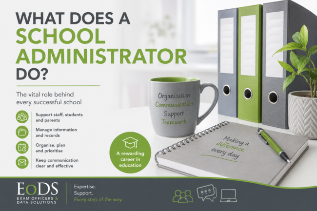 School Administrators Training Course Office desk with a mug, folders, notebook, pen, and plant, highlighting the vital role and responsibilities of a school administrator in supporting schools.